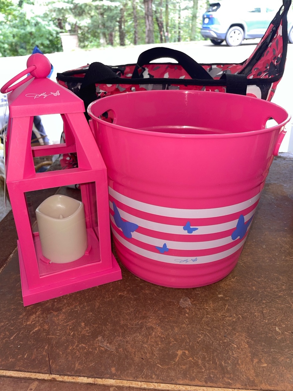 Dolly Parton Bright Pink Butterfly Lantern and Striped Pail Set